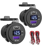 2 Pack USB C Car Charger Socket, Qidoe 48W PD3.0 USB C & QC3.0 Car USB Port with LED Voltmeter an...