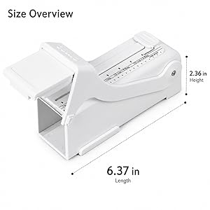 Adjustable butter slicer size details with product dimensions and included replacement scale strip.