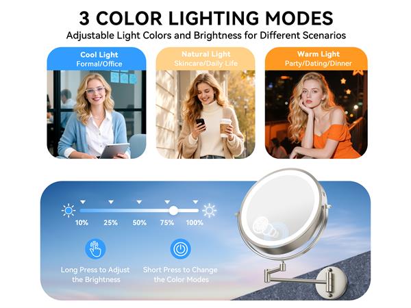 Stepless 1%-100% brightness via touch control, plus 3 light modes for flawless makeup and skincare