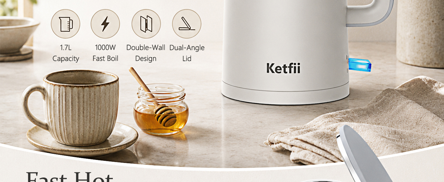 Electric Kettle 1.7L, Double Wall 304 Stainless Steel Hot Water Boiler