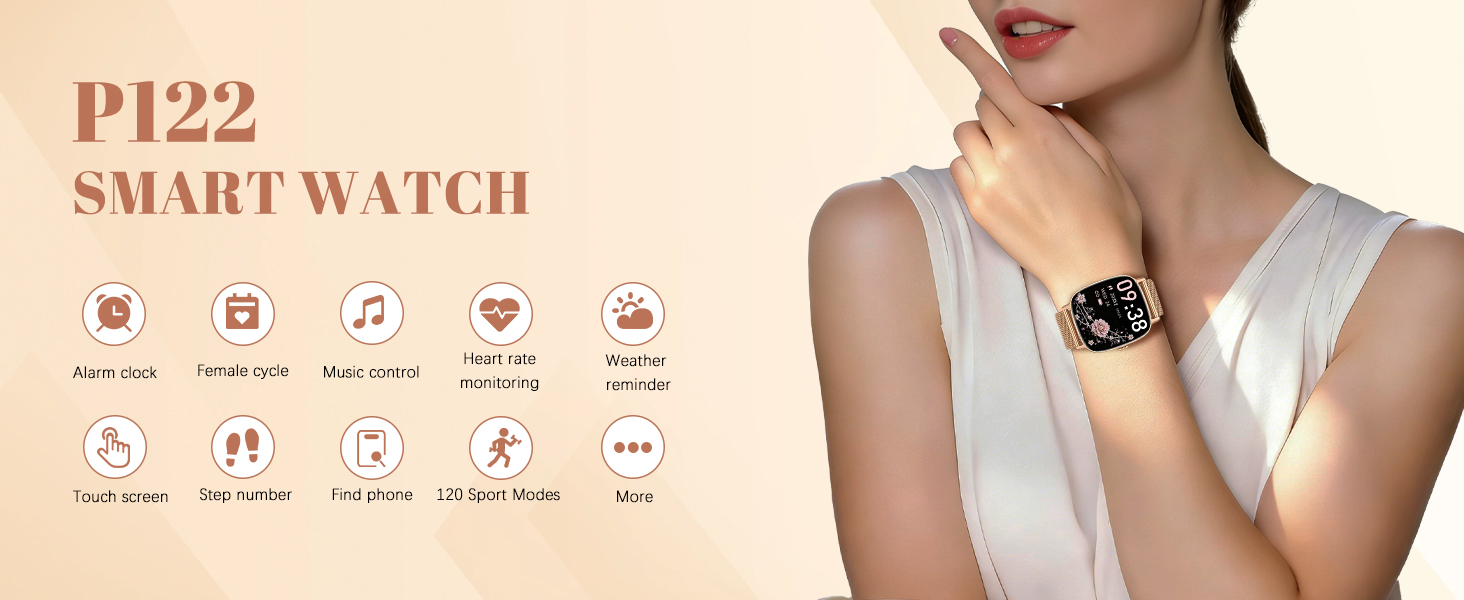 Text reads: 'P122 SMART WATCH'. Product advertisement showing smartwatch features with icons for health monitoring and notifications.