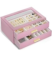 AKOZLIN Jewelry Box with Clear Lid Functional Leather Jewelry Storage Organizer Case 2 Drawers fo...