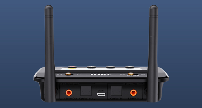 Black wireless router with two long antennas, including USB and audio jacks.