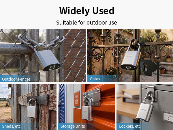 Smart fingerprint padlock multi-scene application for outdoor fences, gates, sheds