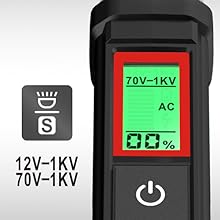 Digital voltage detector with LCD screen displaying '70V-1KV AC' reading, featuring power button and black casing.