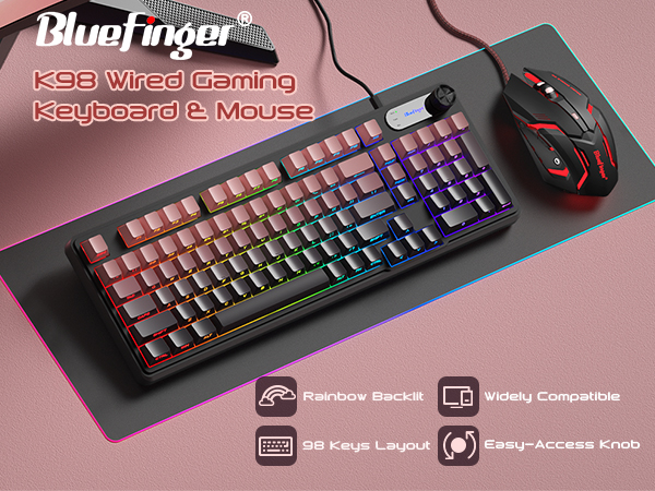 gaming keyboard mouse combo, wired RGB keyboard, 98 key gaming keyboard, PBT keycaps keyboard