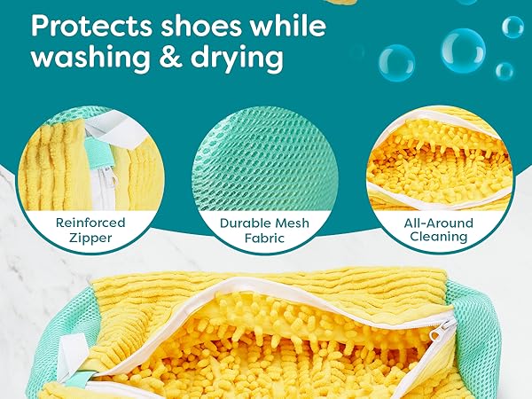 Text reads 'Protects shoes while washing & drying', 'Reinforced Zipper', 'Durable Mesh Fabric', 'All-Around Cleaning'. Yellow mesh shoe washing bag with teal trim and zipper closure.