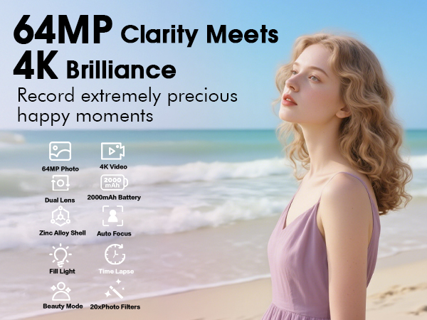 Text reads '64MP' and '4K Brilliance'. Beach scene photograph showing camera capabilities with technical specifications overlaid.