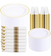 DaYammi 350PCS Gold Plastic Dinnerware Set for 50 Guests, Fancy Disposable Plates for Party, Incl...