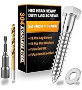 Xpokcai 12 Sets 3/8" x 3" Hex Head Lag Screws for Wood, Hex Head Lag Bolts,304 Stainless Steel 18...