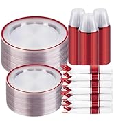 BESTSTAR 350PCS Clear and Red Disposable Plates Set for 50 Guests, 100 Plastic Plates, 50 Plastic...