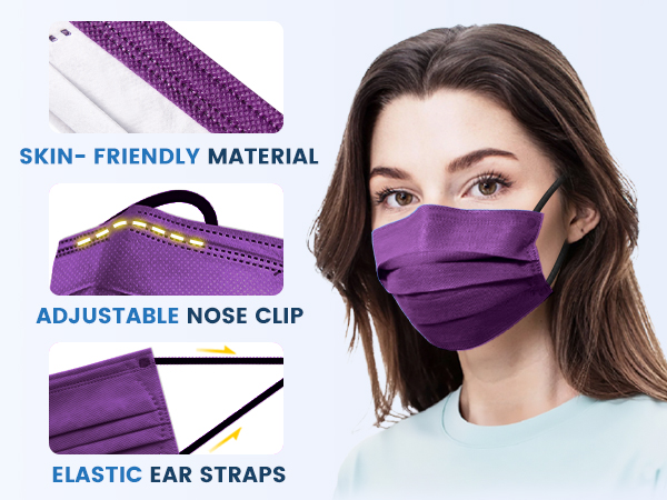masks disposable 50 pcs,inidividually wrapped,elastic ear straps,adjustable nose clip,skin-friendly