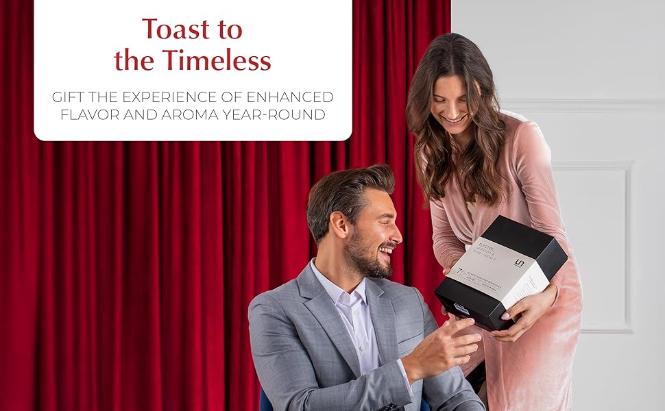 an image of a beautiful woman gifting the urban noon wine opener and aerator set to a man
