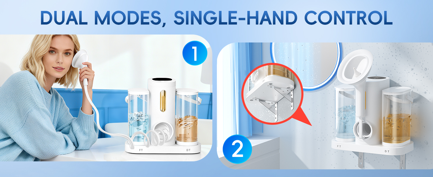 Text reads 'DUAL MODES, SINGLE-HAND CONTROL'. Split image showing water dispensing system with numbered indicators 1 and 2.
