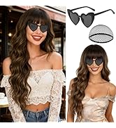 PLULON Brown Wavy Wig with Bangs for Women, Long Wavy Curly Wigs with Hair Cap Heart-Shaped Sungl...