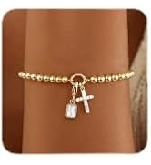 Birthstone Gold Beaded Bracelets for Women Trendy Dainty Charm Cross Bracelet Stack 14K Gold Plat...