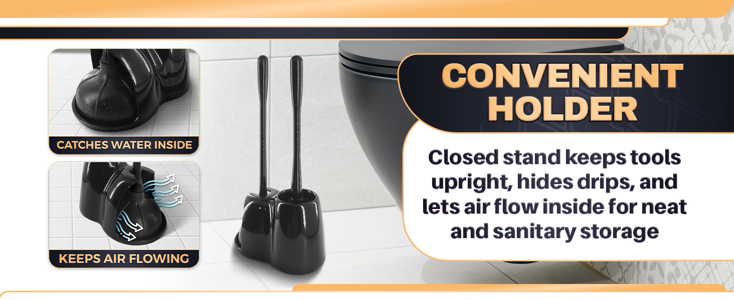 Black holder keeps the toilet bowl brush and holder black upright on the floor beside a toilet