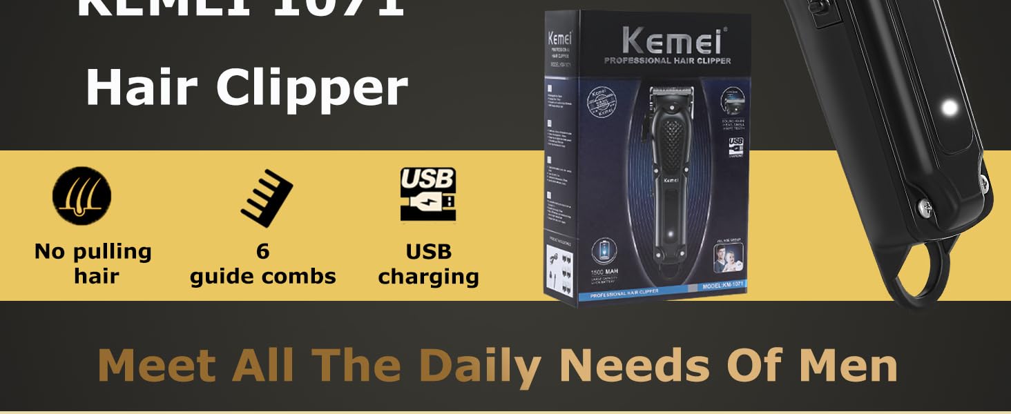 No pulling hair; 6 guide combs; USB charging