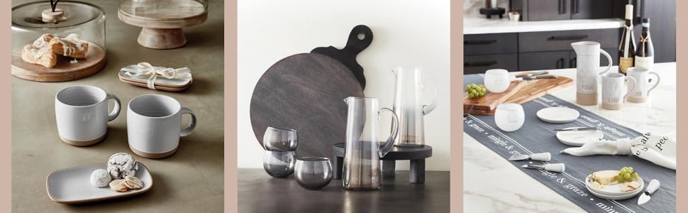 three kitchen scenes one counter with baked goods mugs one set of glass drink supplies and set table