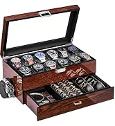 BEWISHOME High-End Watch Box, 12-Slot Watch Case with Large Glass Lid, 2-Layer Wooden Watch Box f...
