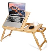 Bambition Bamboo Laptop Desk for Bed, Adjustable Height and Angle, Foldable Lap Desk with Cup Hol...