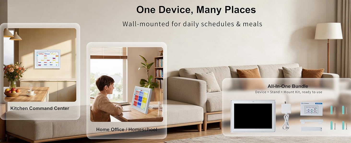 Three usage scenes and full accessory bundle for the smart family calendar