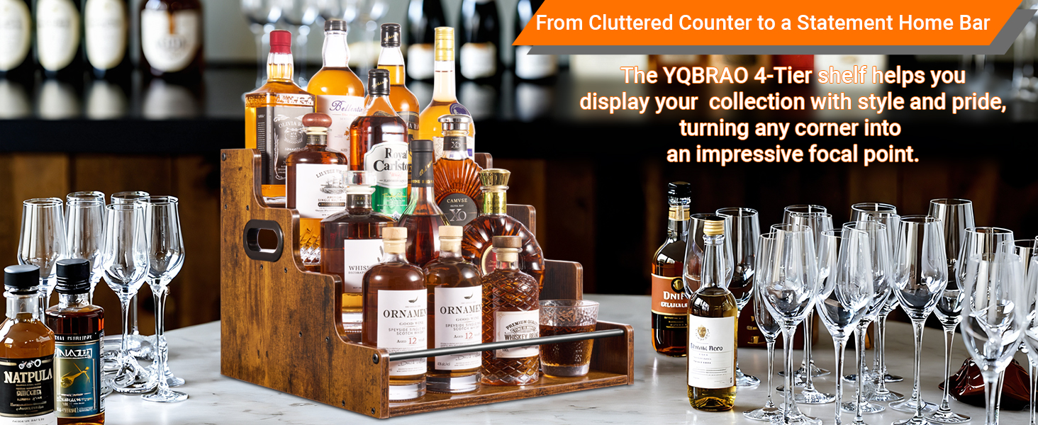 4 tier rustic wood liquor shelf for home bar, countertop organizer for alcohol bottles.