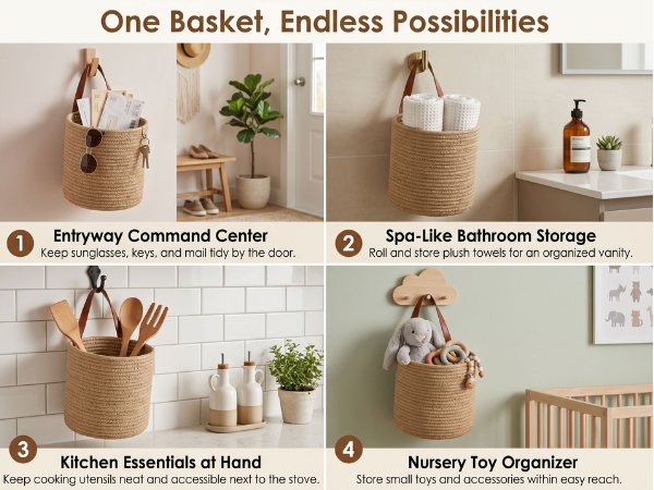 Four lifestyle scenes showing woven wall baskets used in entryway, bathroom, kitchen, and nursery