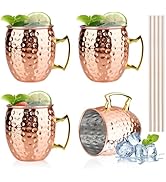 TJ Moscow Mule Mugs Set of 4, Rose Hammered Mule Cup 17 oz, Stainless Steel Lining Brass Handles ...