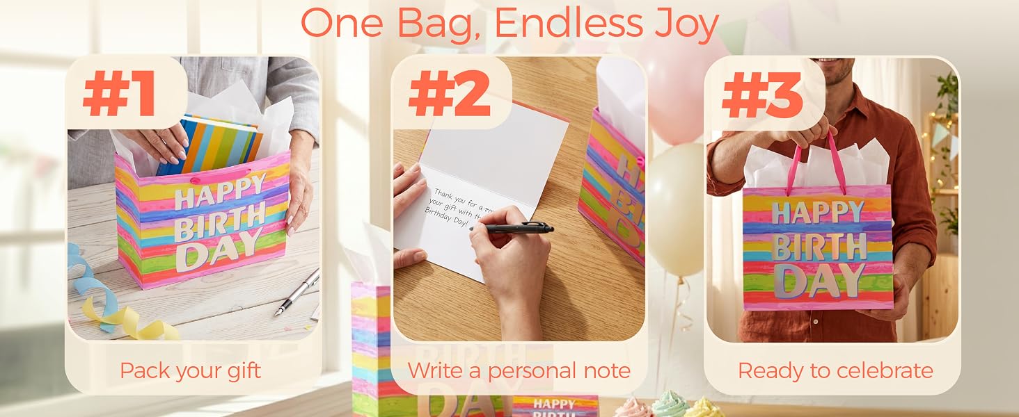 SUNCOLOR Large Happy Birthday Gift Bag with Tissue Paper & Card, 13 x 10.2 x 4.7 Inches