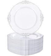 Nervure 100Pcs White and Silver Plastic Plates - 7.5 inch White Plastic Plates with Silver Rim - ...