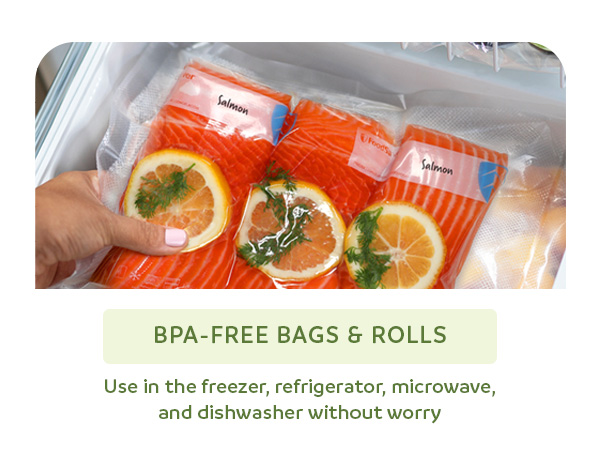 Vacuum-sealed salmon with lemon slices in a freezer with description