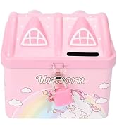 Wakauto Unicorn House Shaped Metal Piggy Bank with Lock Unbreakable Money Bank Girls Saving Box f...