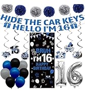 16th Birthday Decorations for Boys Girls 37PCS Blue Black Bruh I'm 16 Hide the Car Keys Party Dec...