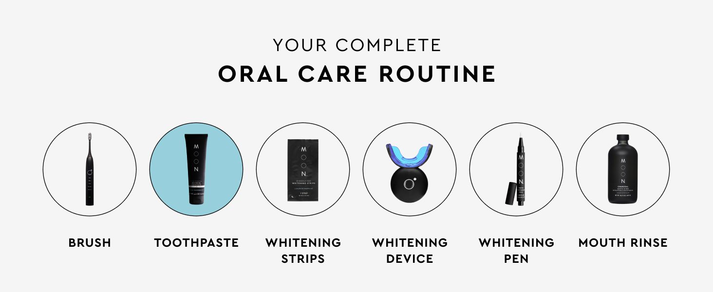 your complete oral care routine, toothbrush, toothpaste, whitening strips, device, pen, mouth rinse
