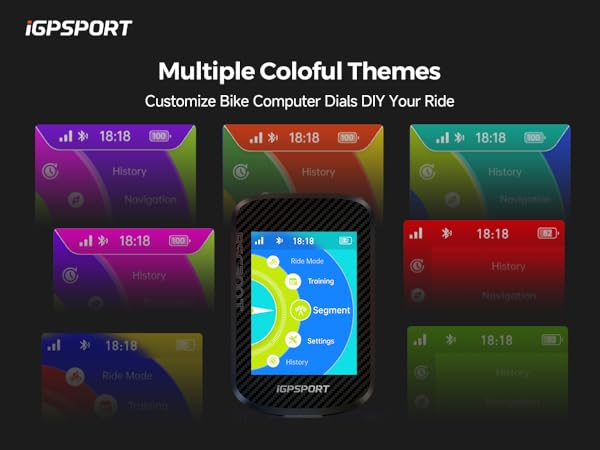 iGPSPORT bike computer display showing multiple colorful themes for customizing ride data. Central screen shows blue map surrounded by various colored data layouts.