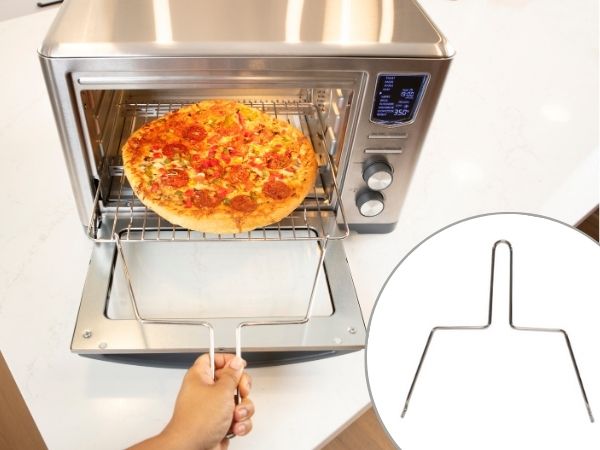Kenmore digital toaster oven air fryer on a kitchen counter with inset closeup of rack handle