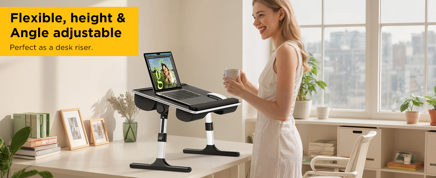 Woman using adjustable laptop desk as a standing workstation for home office tasks.