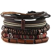 HZMAN Wrap Bracelets Men Women, Hemp Cords Wood Beads Ethnic Tribal Bracelets, Leather Wristbands