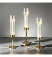 QTRQTR 3 PCS Gold Hurricane Candle Holders Fluted Glass Candlestick Holder | Taper Tall Ribbed Cy...