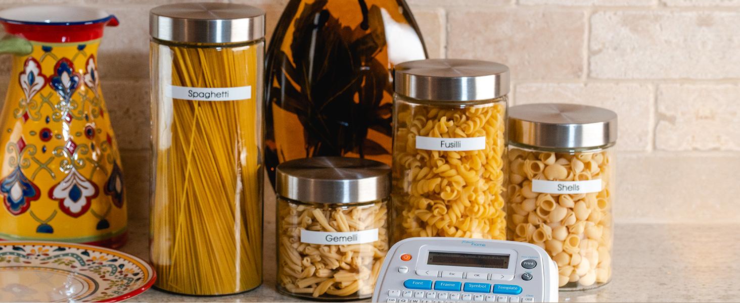Kitchen scene with Ptouch Home label maker and labeled pasta canisters