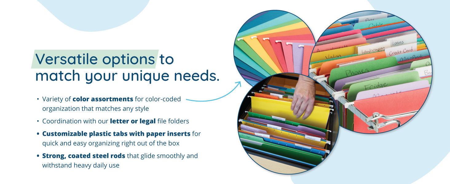 Hanging file folder descriptions with colorful images of folders