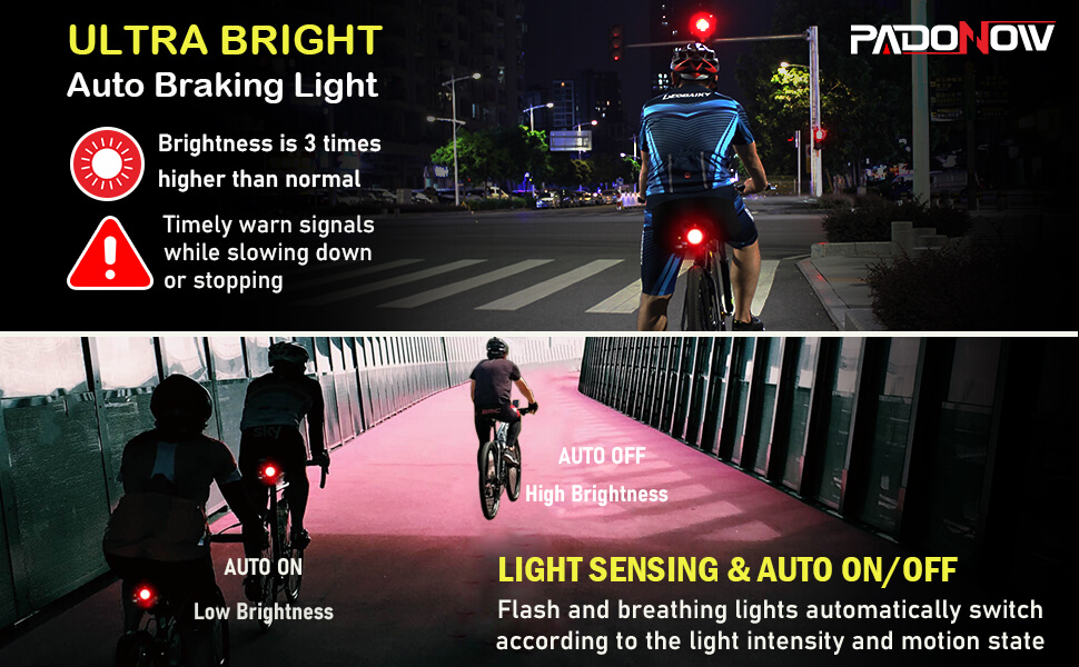 brake smart auto on off bike bicycle tail rear back led light red bright high lumen motion sensor