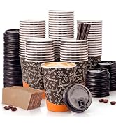 Biotakeware 100 Pack Disposable Coffee Cups with Lids, Sleeves and Straws - 12oz Insulated Paper ...