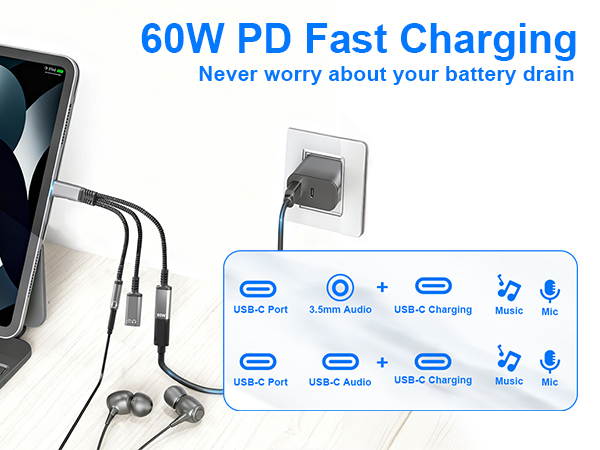usb c splitter 1 in 3 out support PD 60W fast charging for ipad iphone android macbook