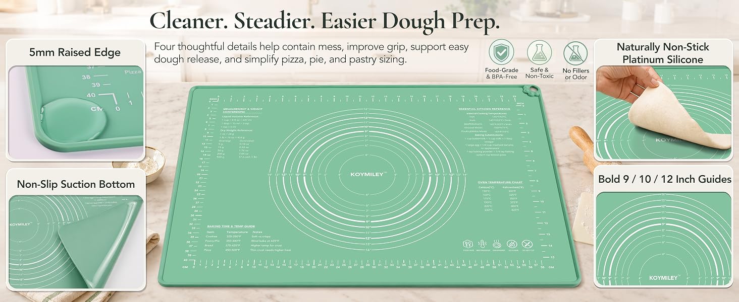 raised edge, suction bottom, non-stick platinum silicone and bold circle guides.