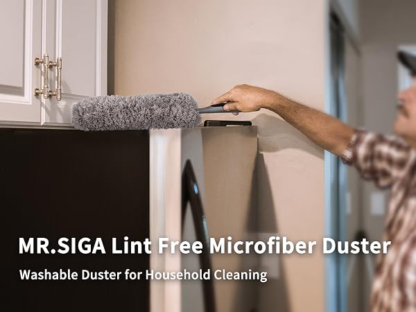 MR.SIGA Lint Free Microfiber Duster shown cleaning cabinet surface, featuring gray microfiber head for household cleaning tasks.