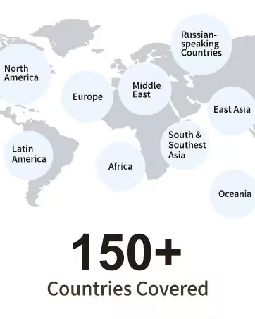 World map highlighting global regions including North America, Europe, Middle East, and Asia. Text states '150+ Countries Covered' and 'Russian-speaking Countries'.