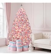 YITAHOME 6FT Prelit Pink Flocked Christmas Tree with Warm-White Lights | Pre-Lit Pink Spruce Arti...