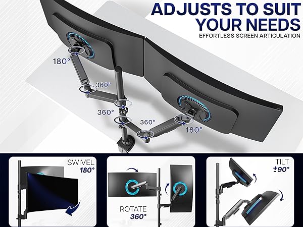 dual monitor stand vertical stack desk mount gas spring arm tall pole vesa bracket riser black